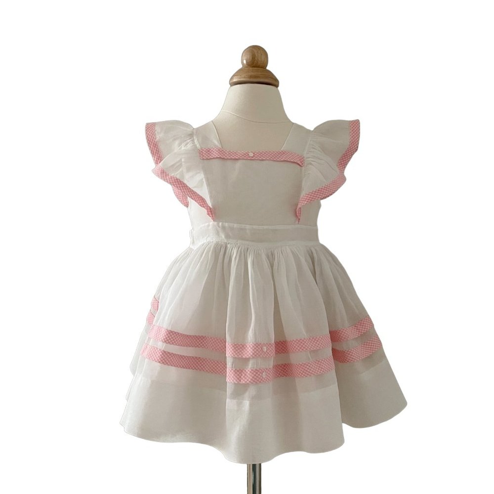 Size 2 White Organza and Pink Check Cotton Trim Toddler Pinafore Dress